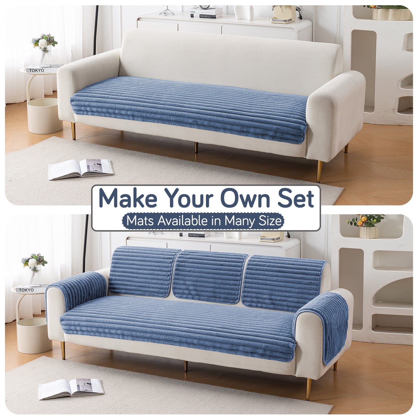 Faux Rabbit Fur Plush Anti-Slip Sofa Mat |Snuggle Fur Denim Blue
