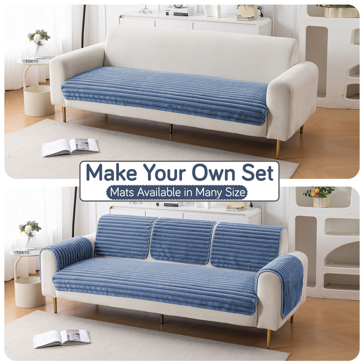 Faux Rabbit Fur Plush Anti-Slip Sofa Mat |Snuggle Fur Denim Blue