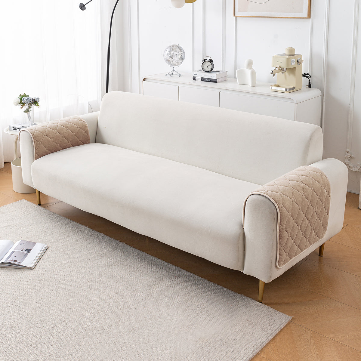 Diamond Tuft Plush Sofa Cover Mat, Warm Taupe
