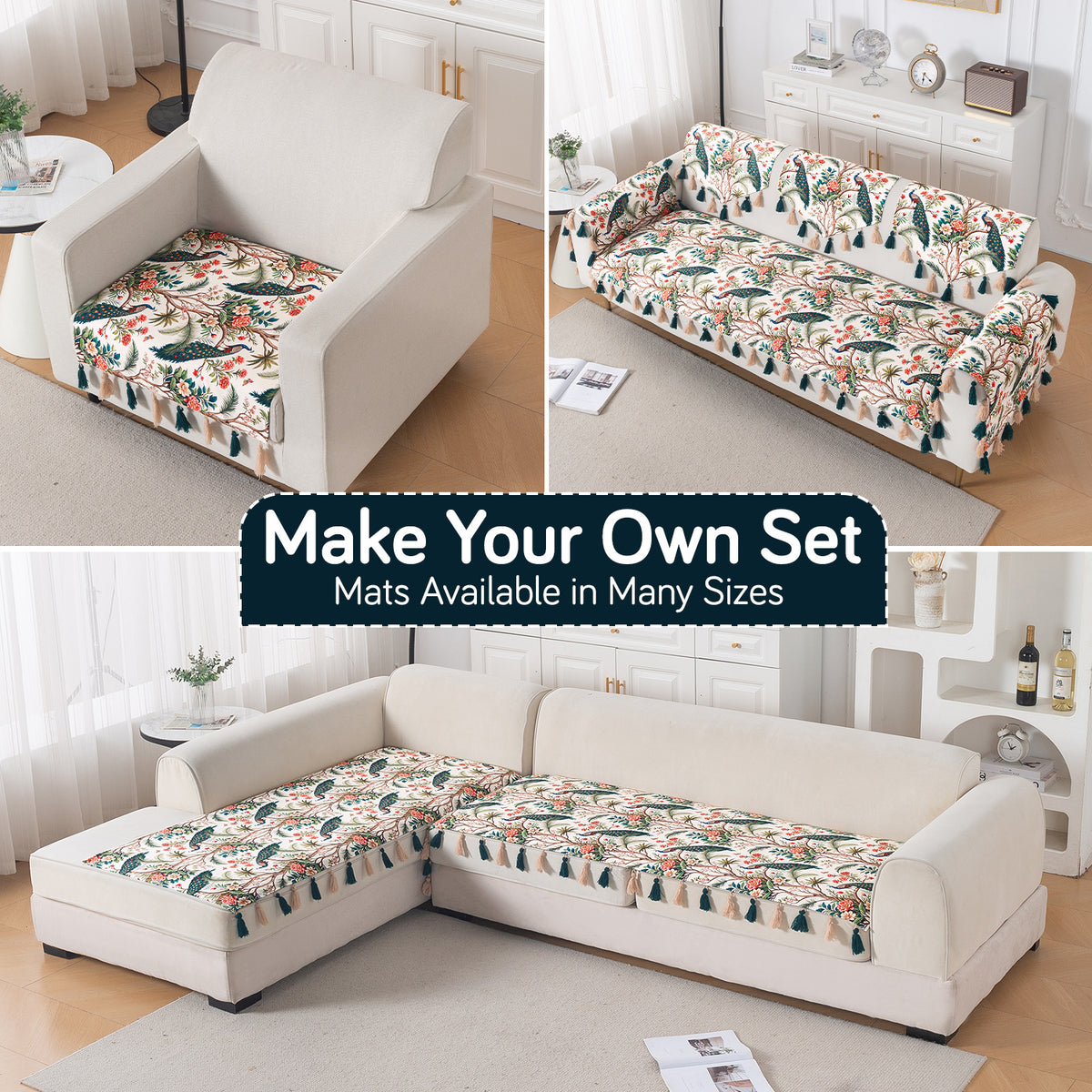 'Whispers of Nature' Series Holland Velvet Sofa Mat with Tassel, Multicolor Tropical Peacock
