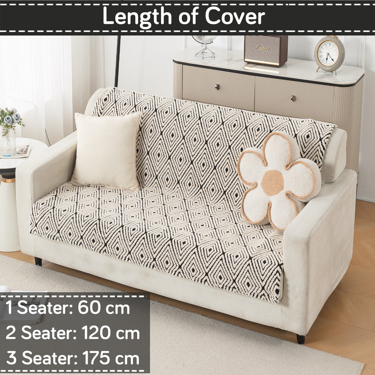 'Noirea Series' Plush Sofa Cover for Seat & Back, Geometric Diamond