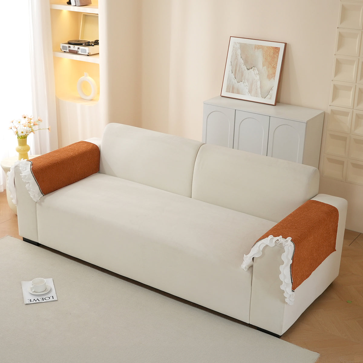 French Classic Frill Wavy Sofa Cover Mat, Copper Orange