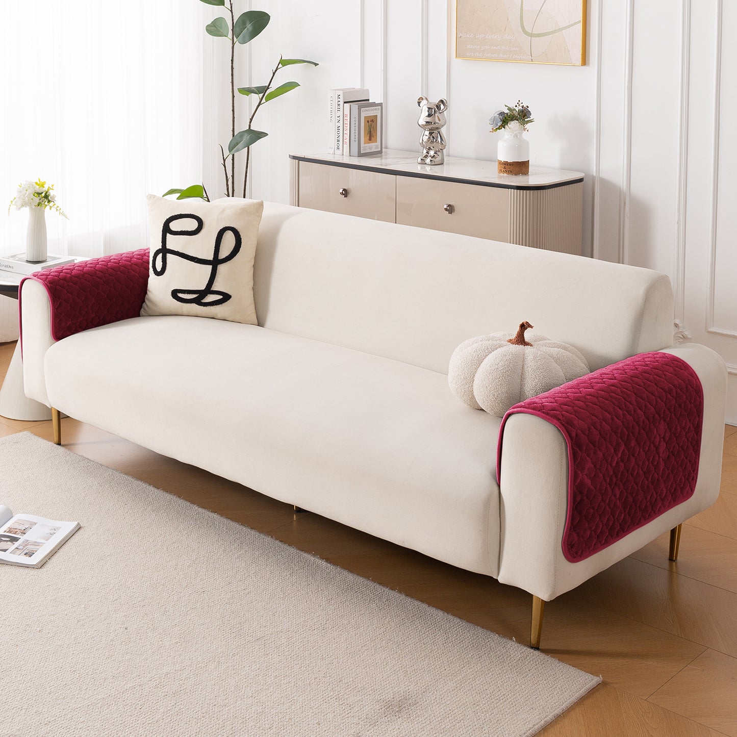 Diamond Plush Pebble Quilted Sofa Cover Mat, Wine