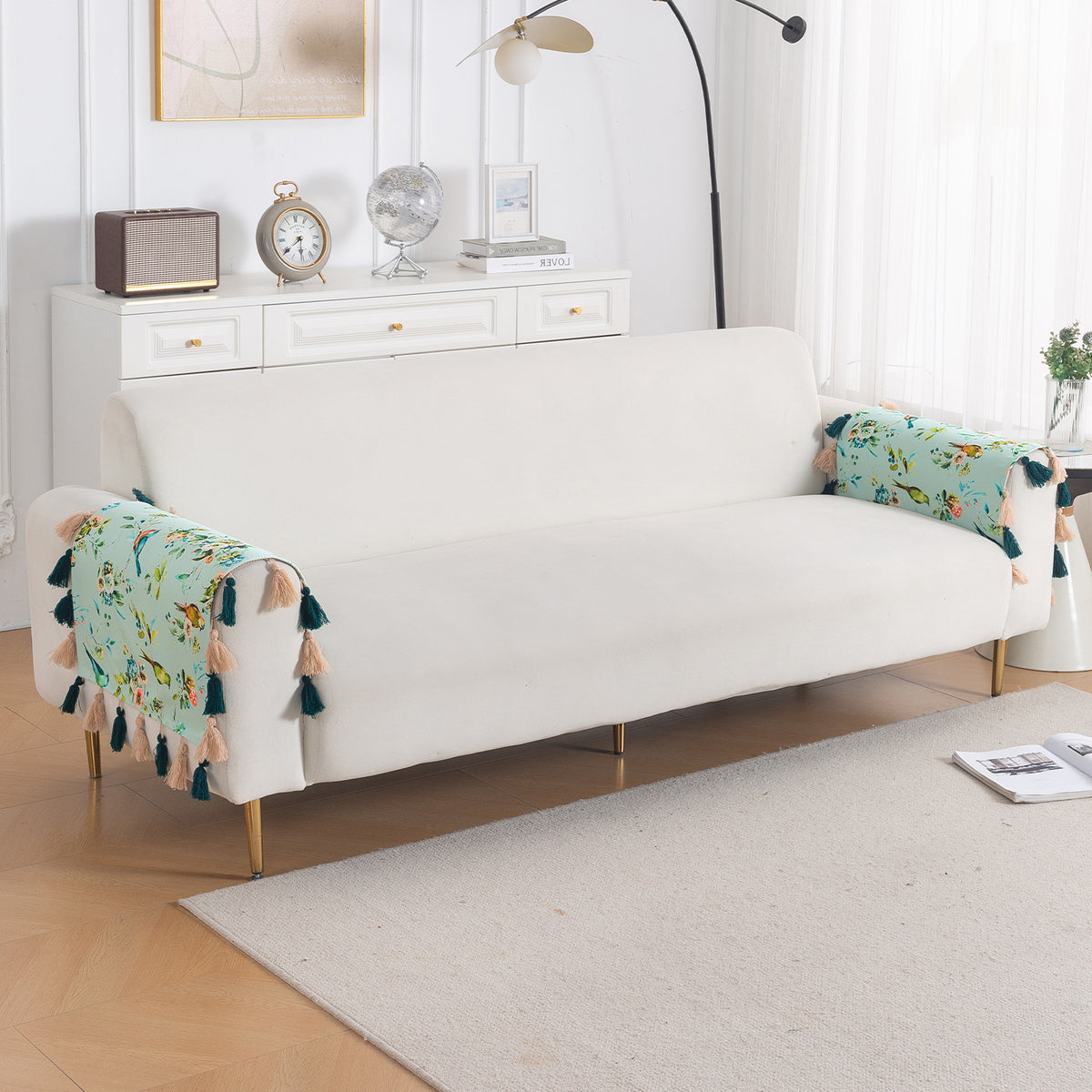 'Whispers of Nature' Series Holland Velvet Sofa Mat with Tassel, Mint Birdsong Blossom