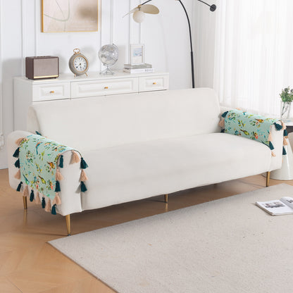 'Whispers of Nature' Series Holland Velvet Sofa Mat with Tassel, Mint Birdsong Blossom