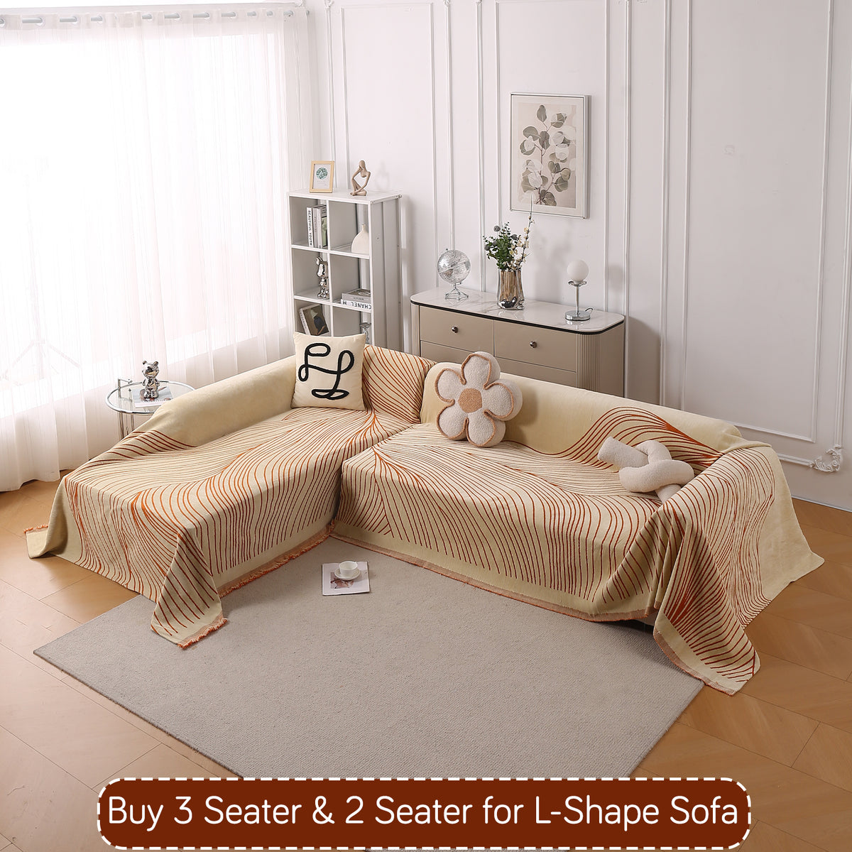 Buy Orange Colour WaveLoom Chenille L-Shape Sofa Throw | HOKIPO