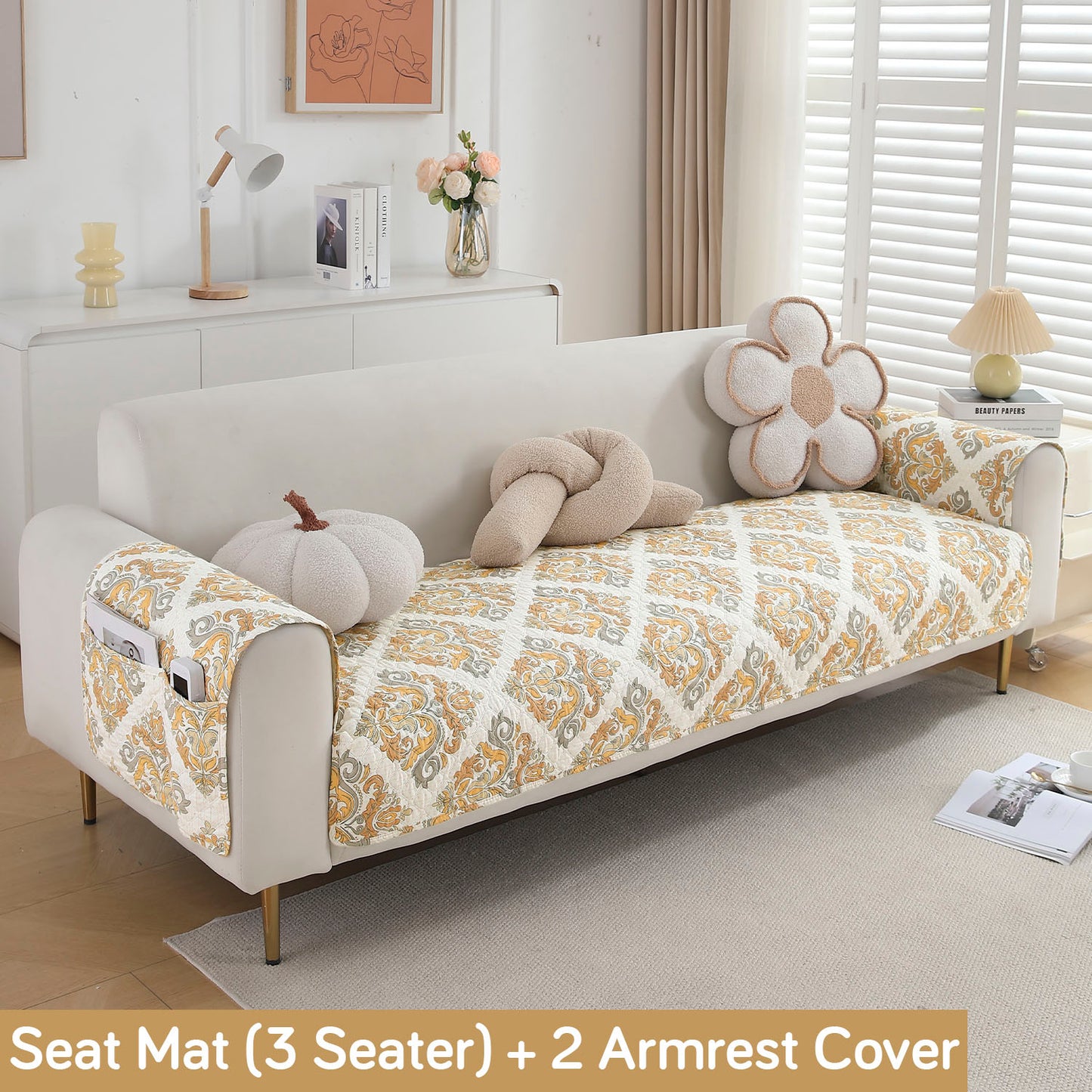 Quilted Sofa Seat Mat with Two Armrest Covers with Pockets for 1/2/3 Seater Sofa, Damask Beige