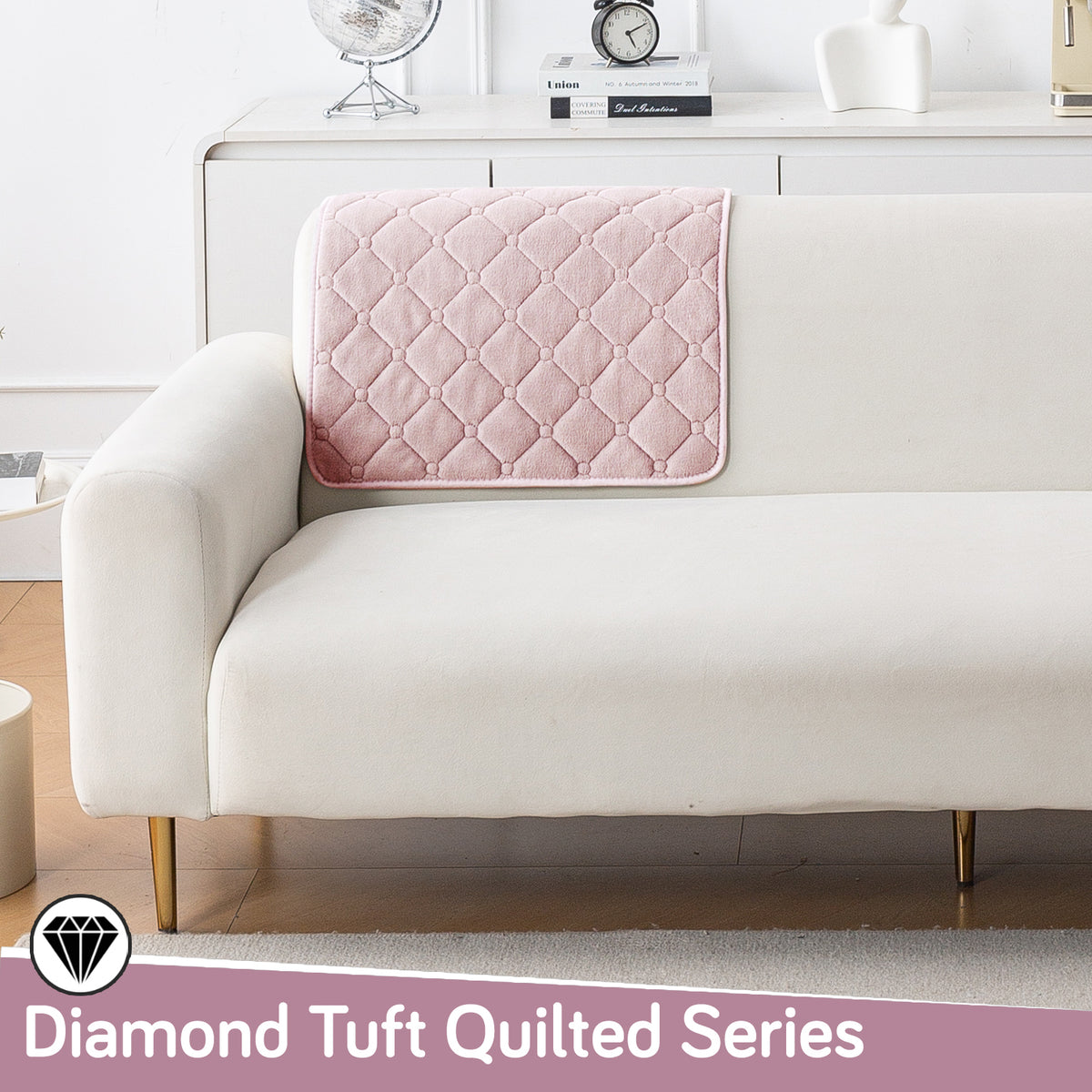 Diamond Tuft Plush Sofa Cover Mat, Blush Pink