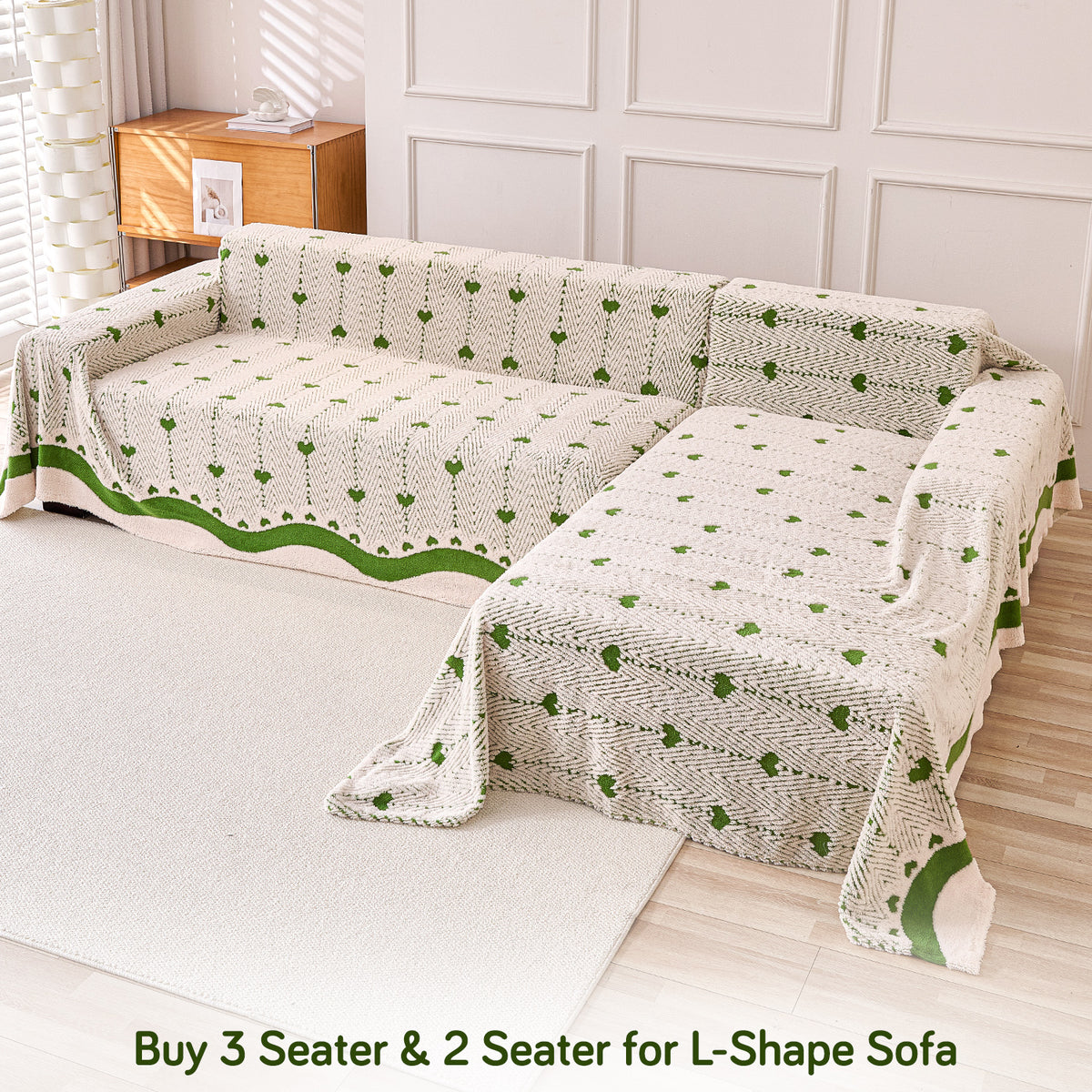Buy Forest Cream Colour Cozy Heart Series Luxury Plush Sofa Throw for L-shape Sofas - 3 & 2 Seater Sofa Sets | HOKIPO