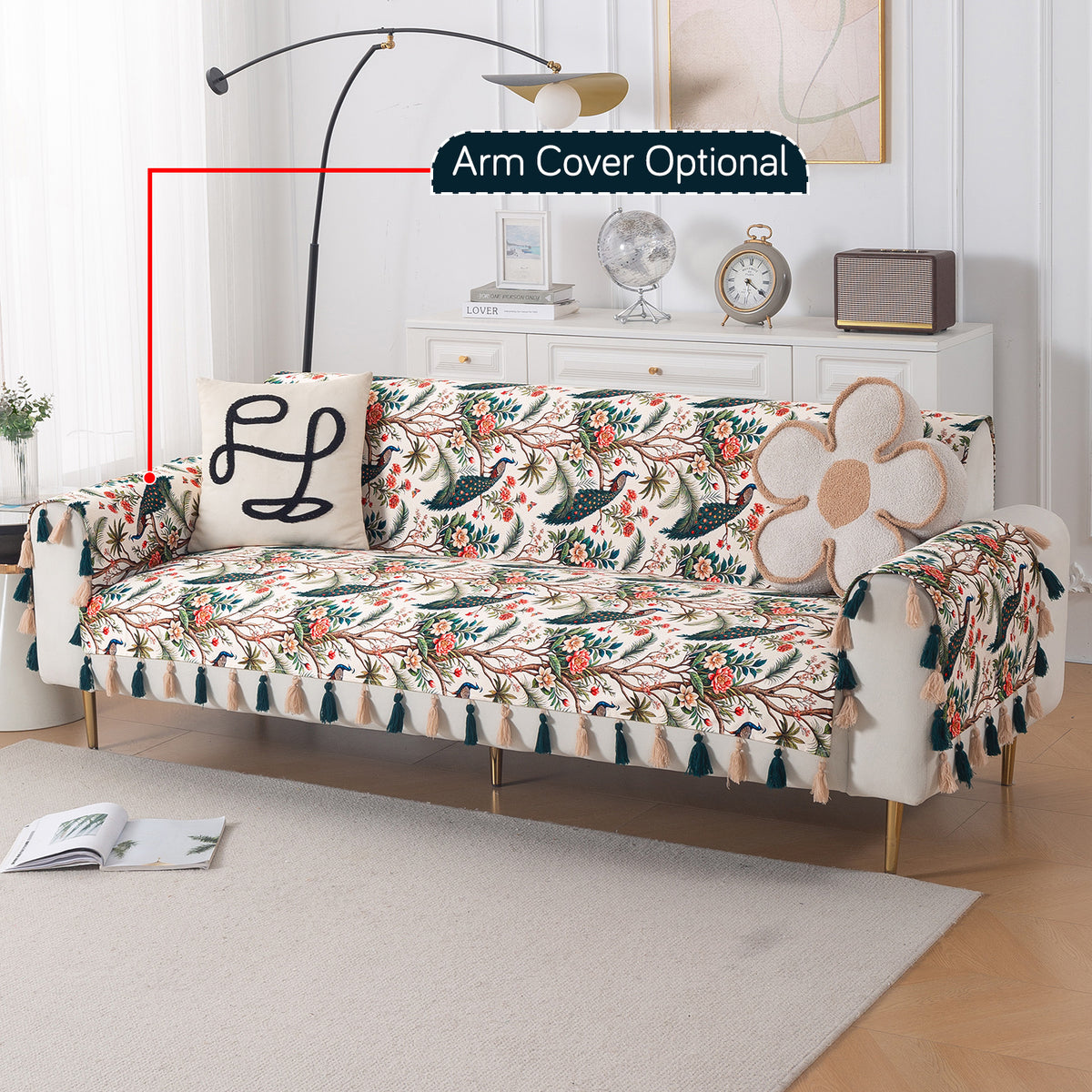 'Whispers of Nature' Series Holland Velvet Sofa Cover with Tassel, Multicolor Tropical Peacock