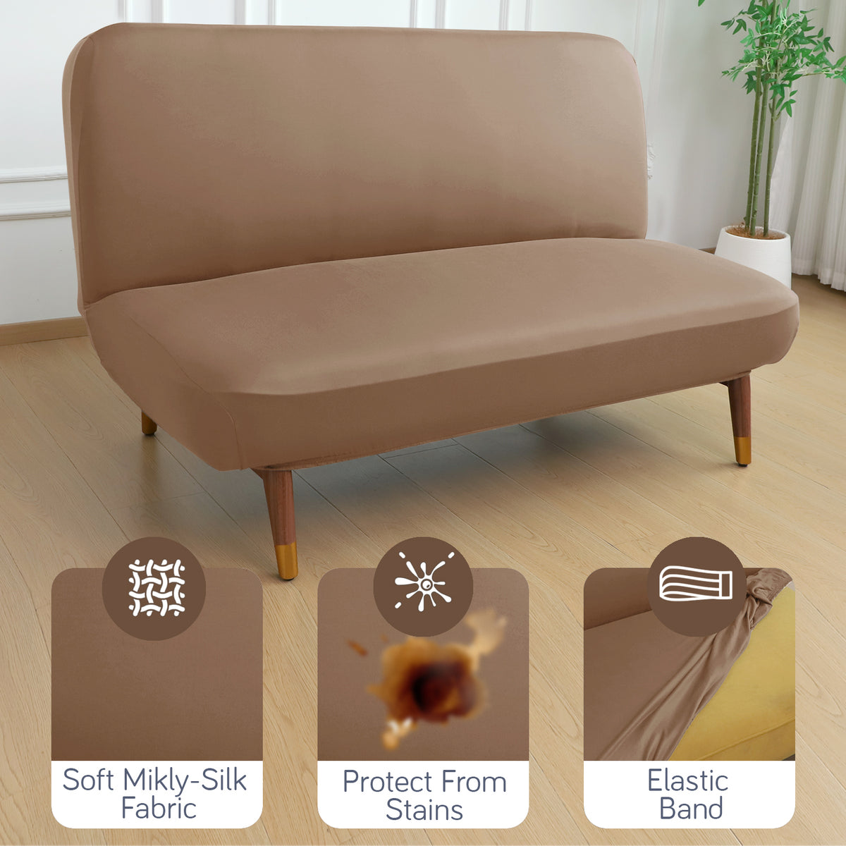 SereneSolids Stretchable Elastic Armless Sofa Cover – 140 GSM, Futon Slipcover, Easy Fit, Dark Camel
