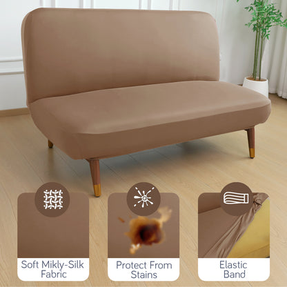 SereneSolids Stretchable Elastic Armless Sofa Cover – 140 GSM, Futon Slipcover, Easy Fit, Dark Camel