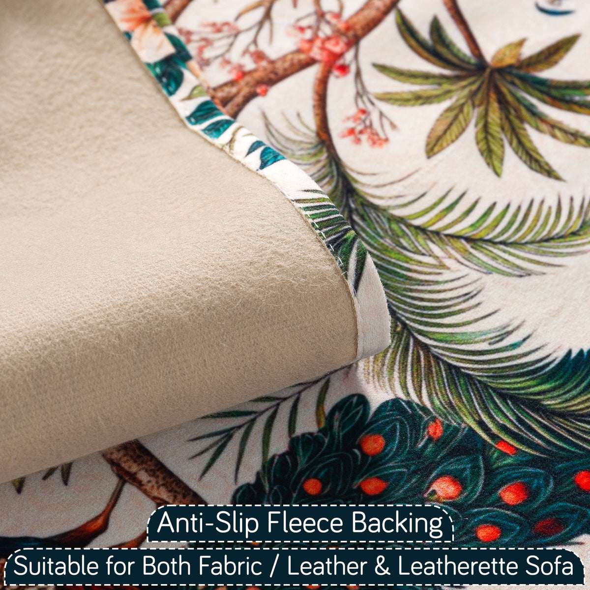 'Whispers of Nature' Series Holland Velvet Sofa Cover with Tassel, Multicolor Tropical Peacock
