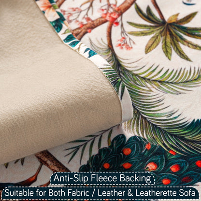 'Whispers of Nature Series' HOKIPO Holland Velvet 5-Seater Sofa Cover with Tassel (3+1+1), Multicolor Tropical Peacock