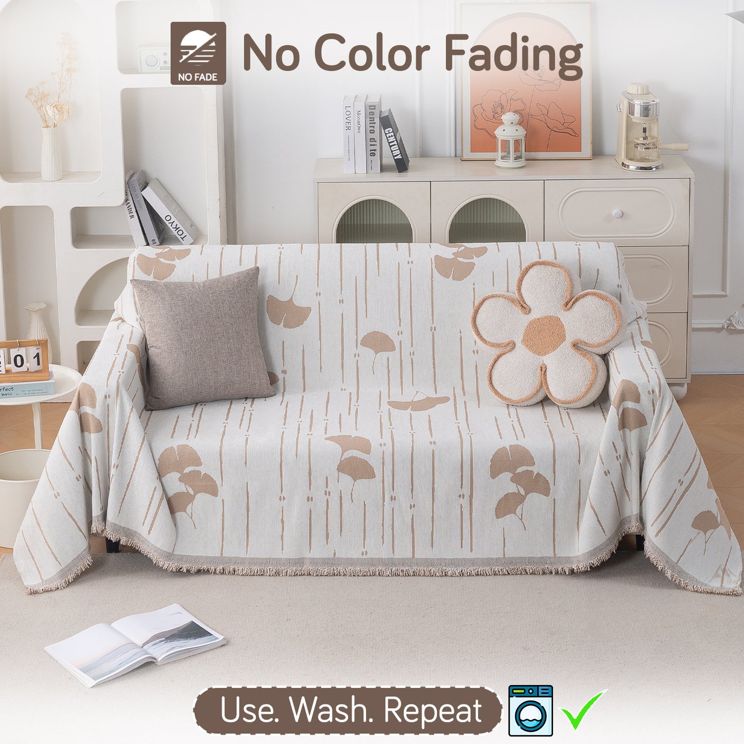 Premium 320 GSM Chenille Sofa Cover Throw All Season 'Serene Abode Series', Beige Ginkgo Lines