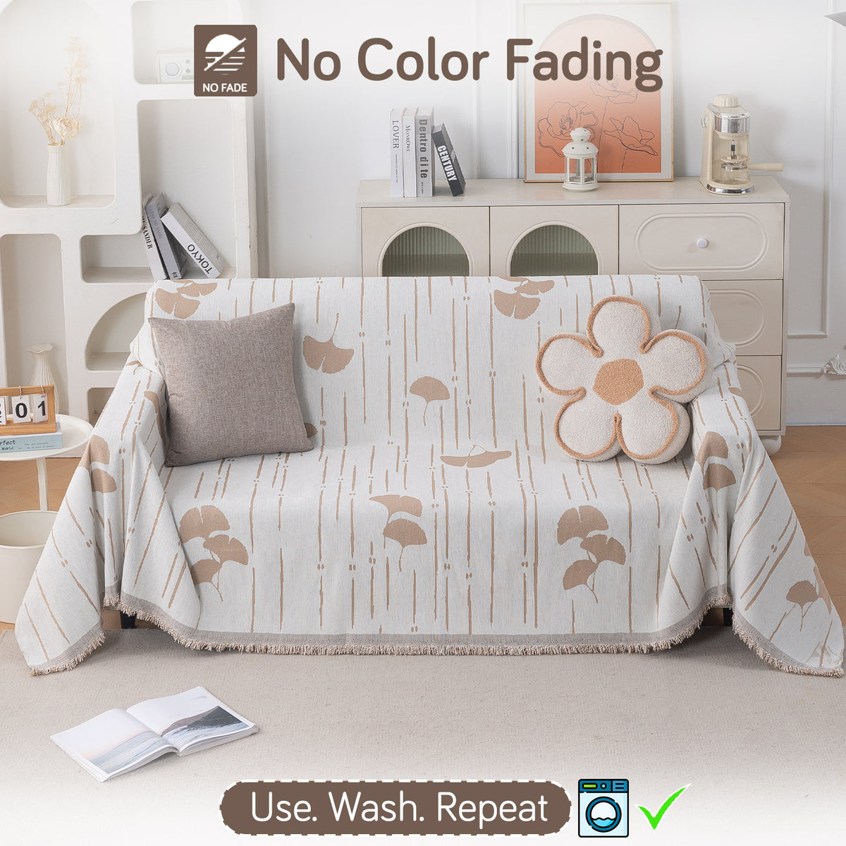 Buy Beige Ginkgo Lines Serene Abode Chenille Three Seater Sofa Throw | HOKIPO