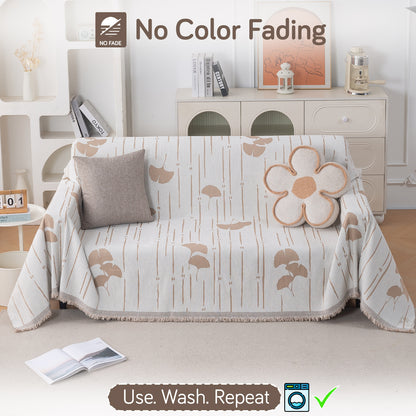 Premium 320 GSM Chenille Sofa Cover Throw All Season 'Serene Abode Series', Beige Ginkgo Lines