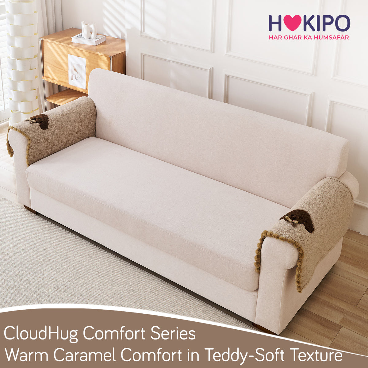 CloudHug Plush Sofa Cover Mat with PomPom and Wavy Edges, Vanilla Latte