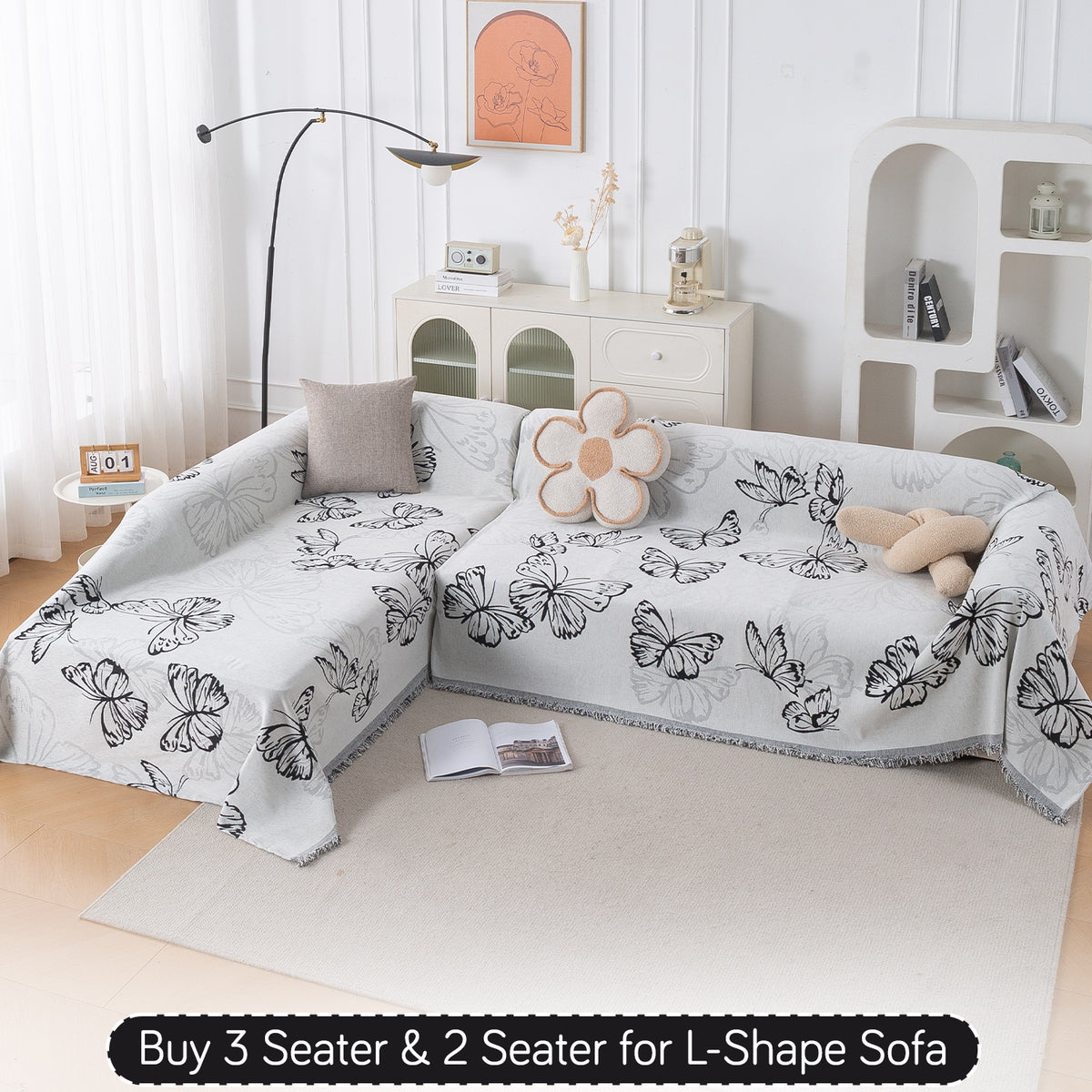 Buy Monochrome Butterfly Serene Abode Chenille 3 Seater & 2 Seater for L-Shape Sofa Throw | HOKIPO
