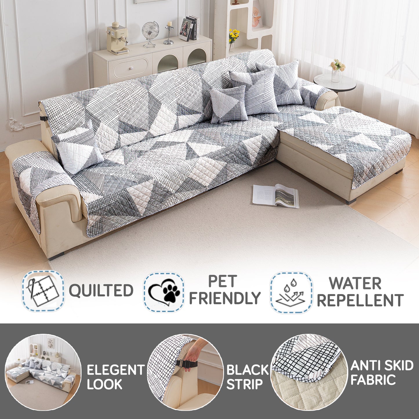 Elira Series Quilted One-Piece L Shape Sofa Cover Mat with Left and Right Chaise, Snow White Black Geometry