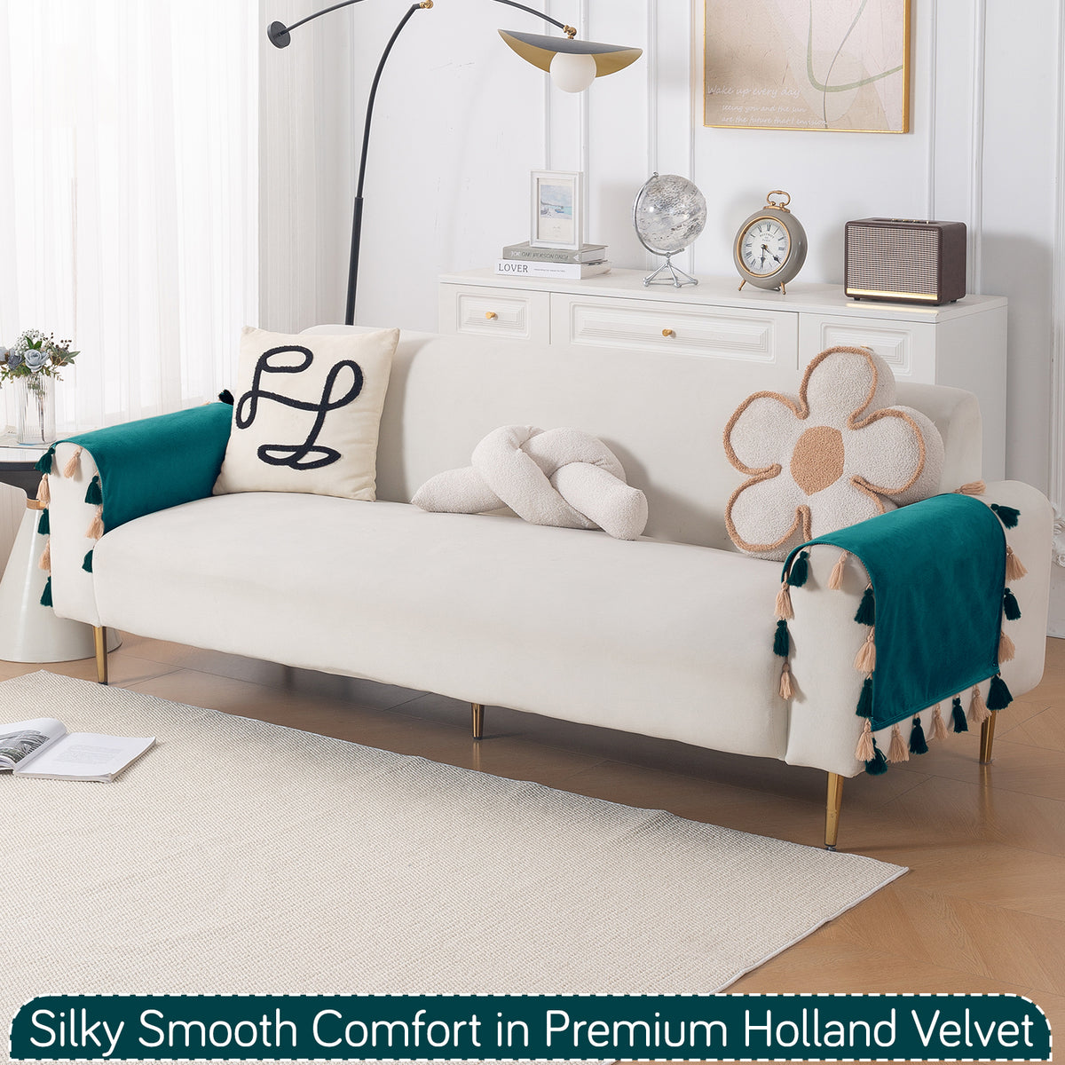 Tassel Tone Holland Velvet Sofa Cover Mat, Teal