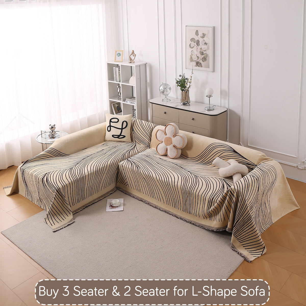 Buy Brown Colour WaveLoom Chenille L-Shape Sofa Throw | HOKIPO