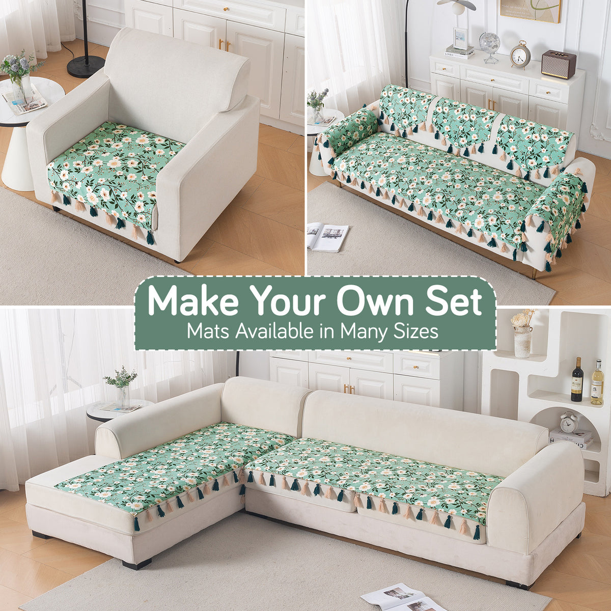 'Whispers of Nature' Series Holland Velvet Sofa Mat with Tassel, Sage Floral Vine