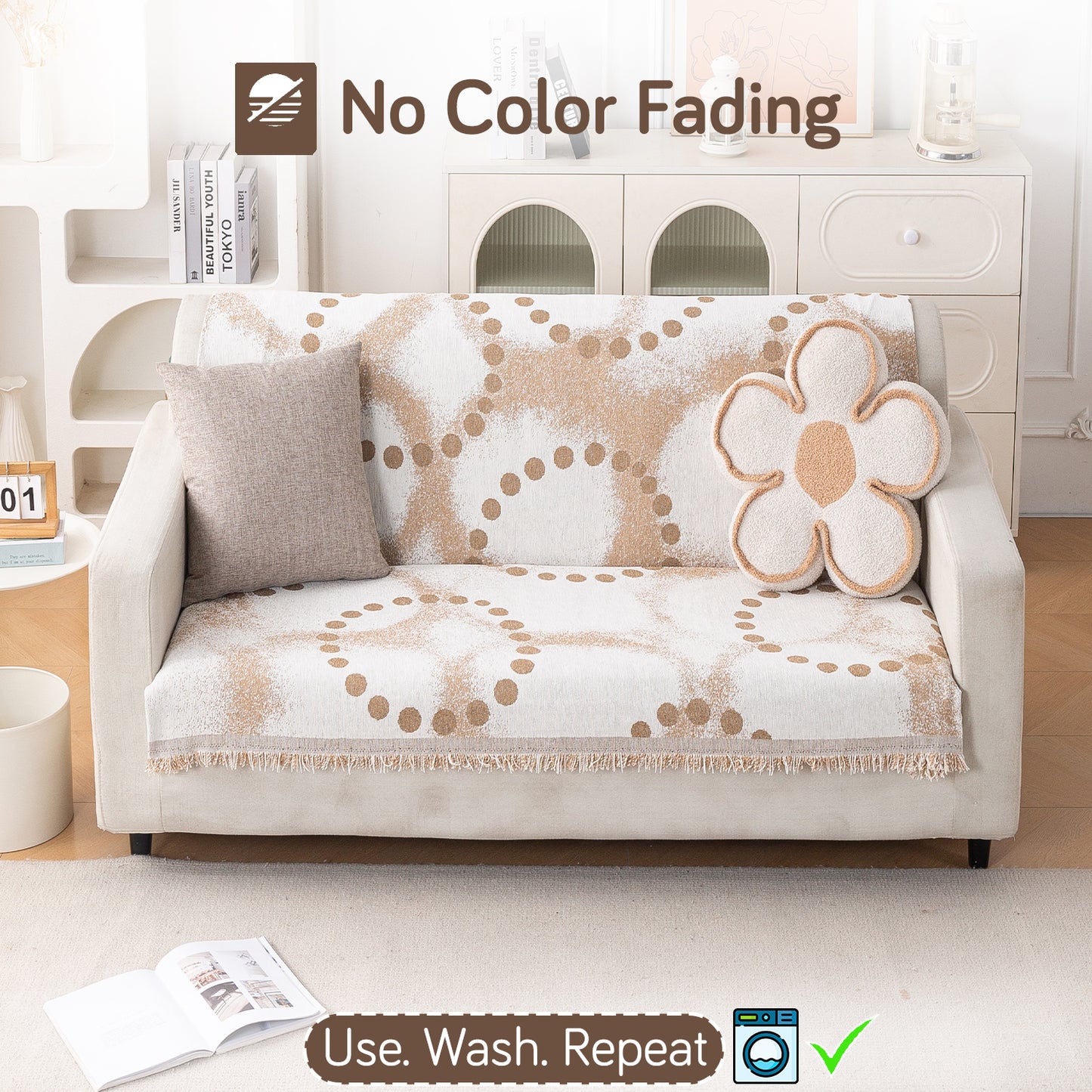 Premium 320 GSM Chenille Sofa Cover 'Serene Abode Series', Latte Dotted Wave