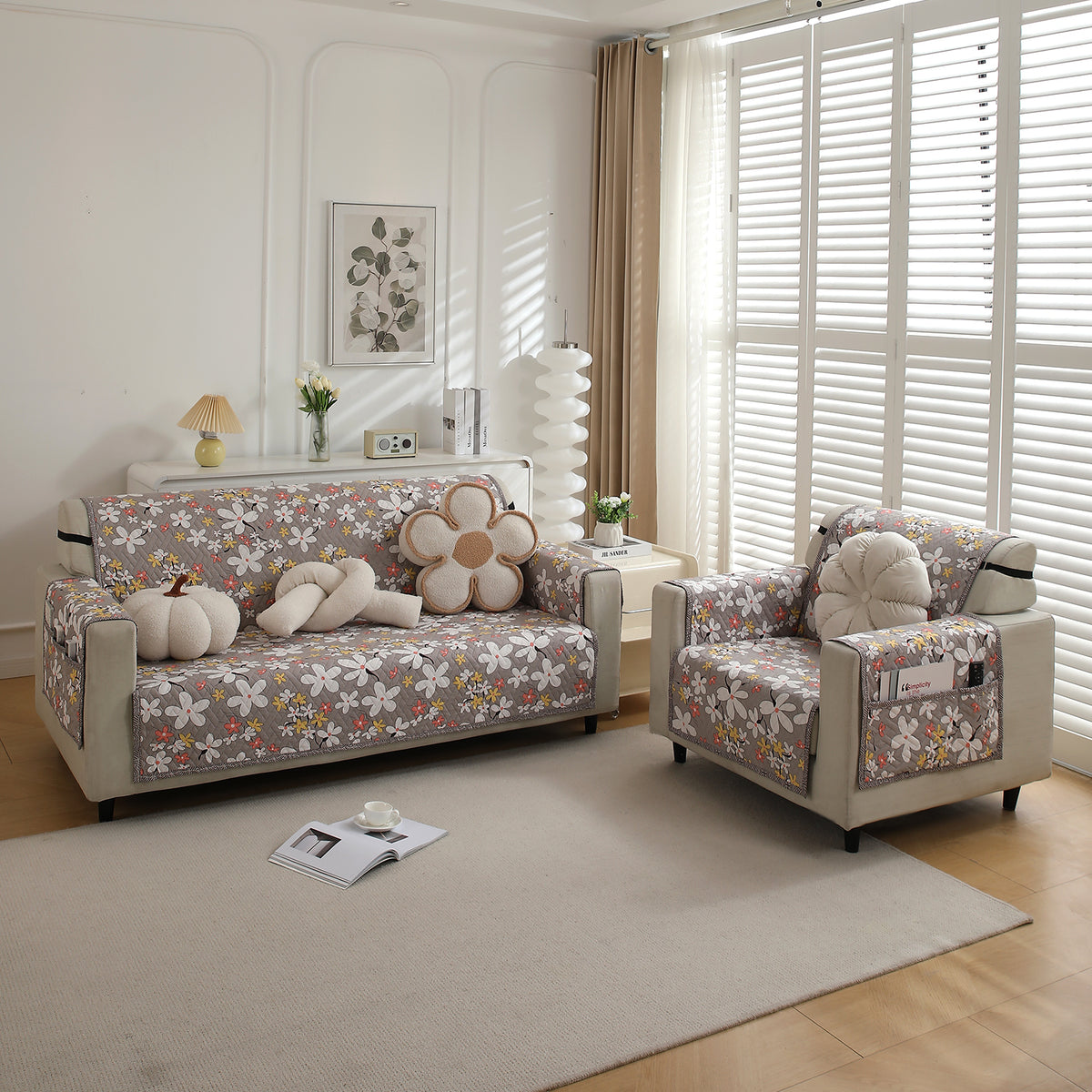 4 Seater Pastel Brown Sandwort Flower Printed quilted sofa cover set
