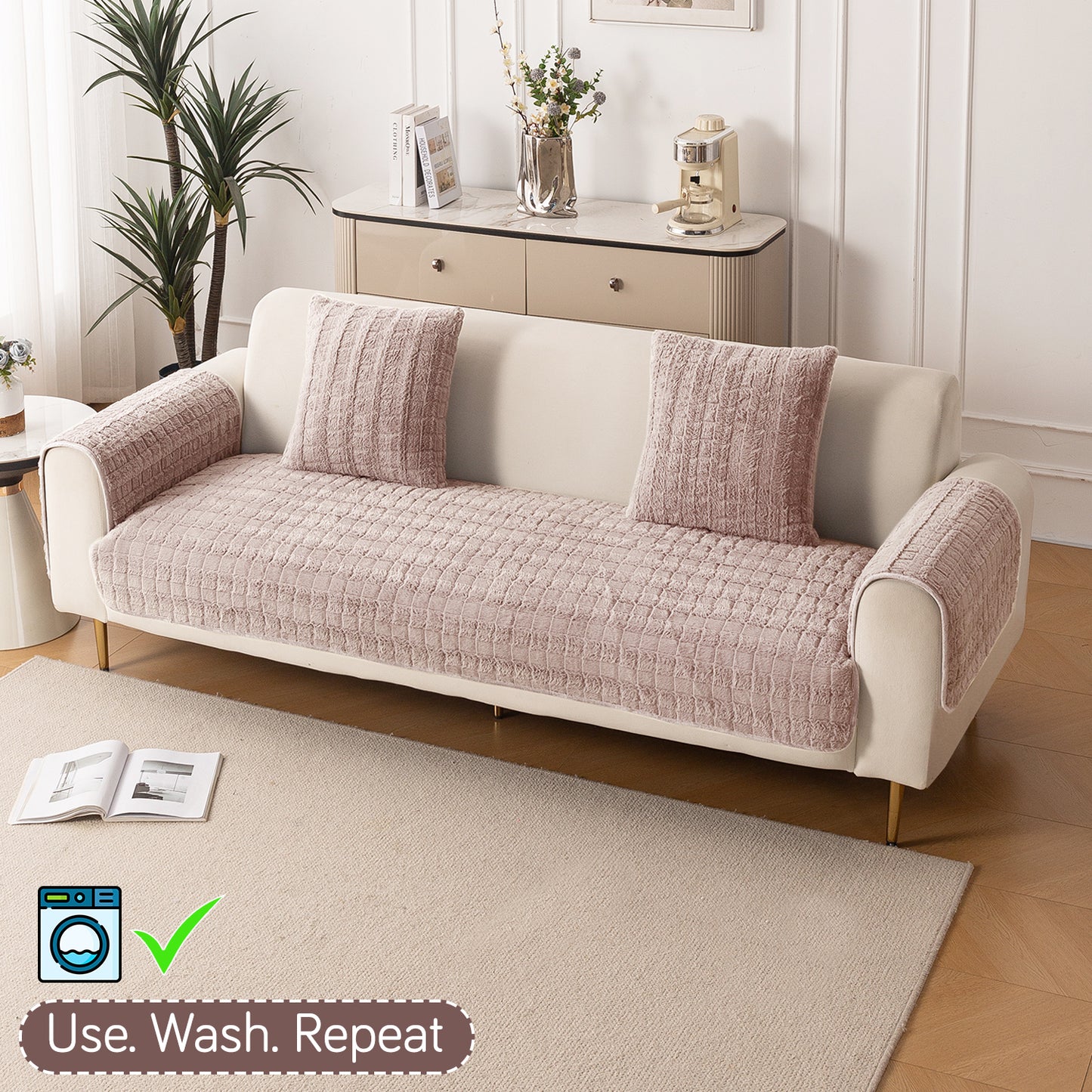 Luxury Plush Anti Slip Sofa Cover Mat with 2 Arm Cover, Beige
