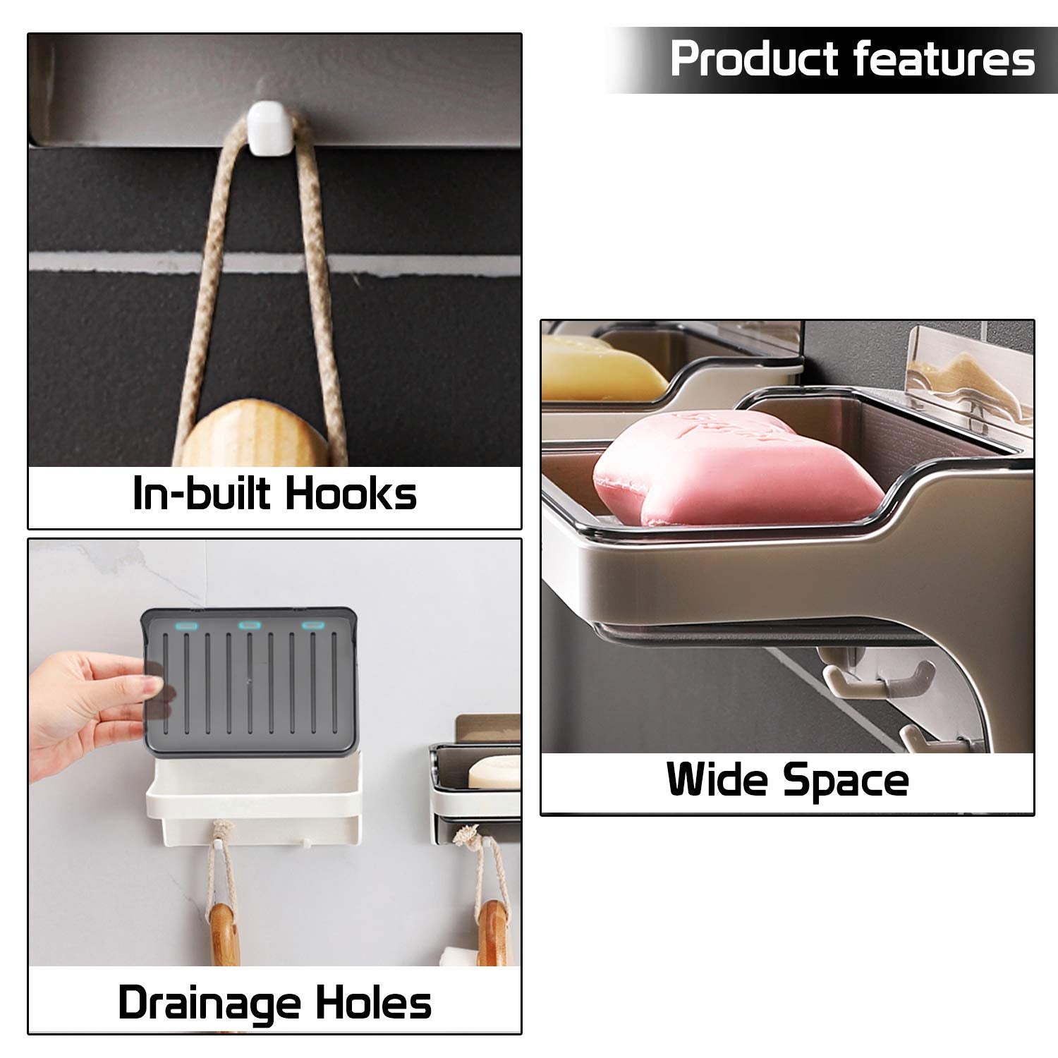 Wall mounted soap holder with hooks and drainage holes to keep soap dry | HOKIPO