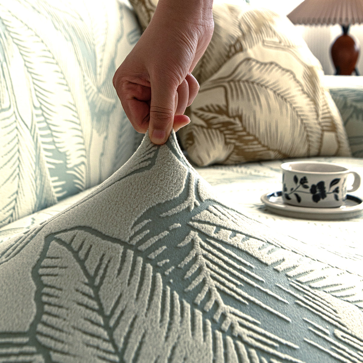 Buy creamish pale green colour elastic stretchable dual tone series knitting jacquard sofa cover​s
