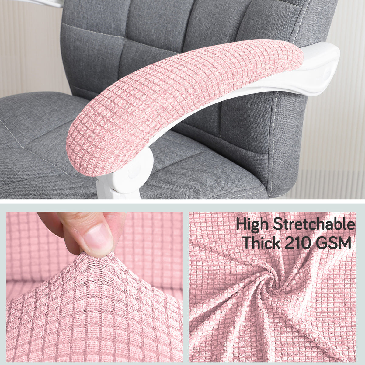 210gsm Jacquard Water Repellent Armrest Covers for Office Chair (Elastic Style), 1 Pair, Pink