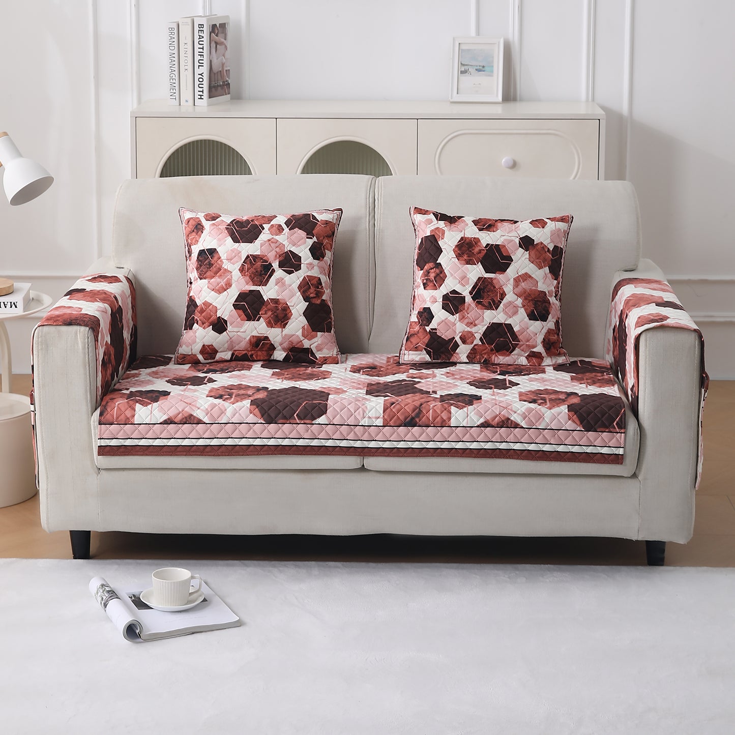 LiefNest Printed Holland Velvet Sofa Mat with Foam Filling - Geometric Hexagon Cider Red for 1/2/3 Seater & Armrest