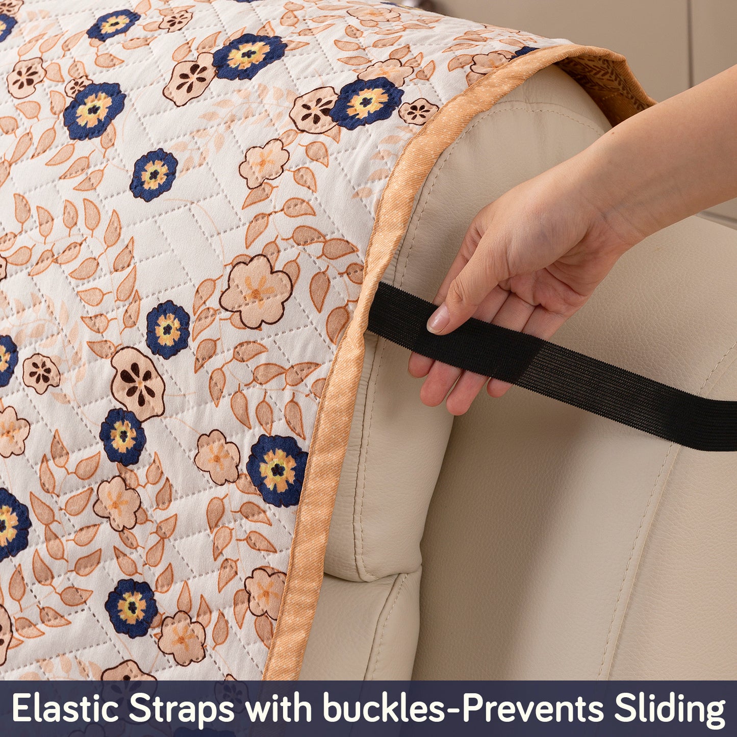 Quilted Cover for Recliner Sofa with SecureFit Belt & Side Pocket, Light Peach Candytuft