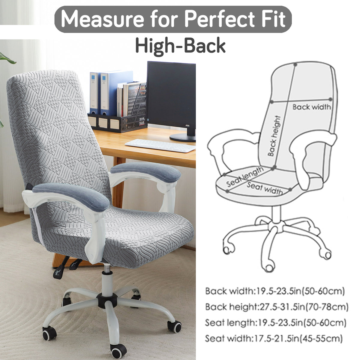 Office Chair Cover for Executive Chair (High-Back) – 170 GSM Stretchable Jacquard – Washable & Anti-Slip – Fits Big & Tall Office Chairs, Light Grey
