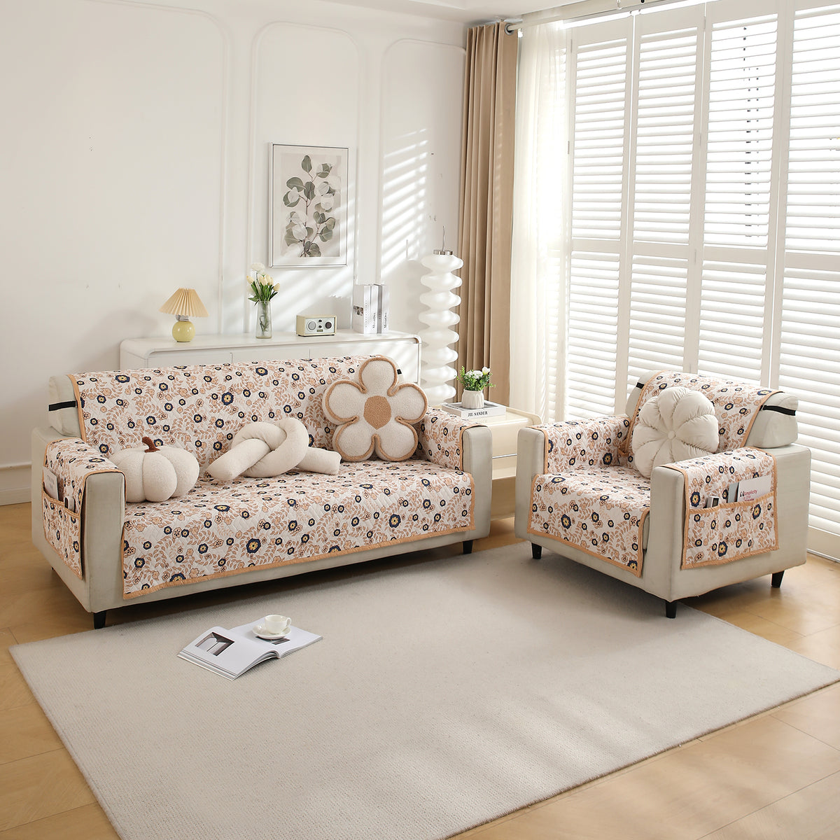 3+1 Seater Light Peach Candytuft  Printed quilted sofa cover