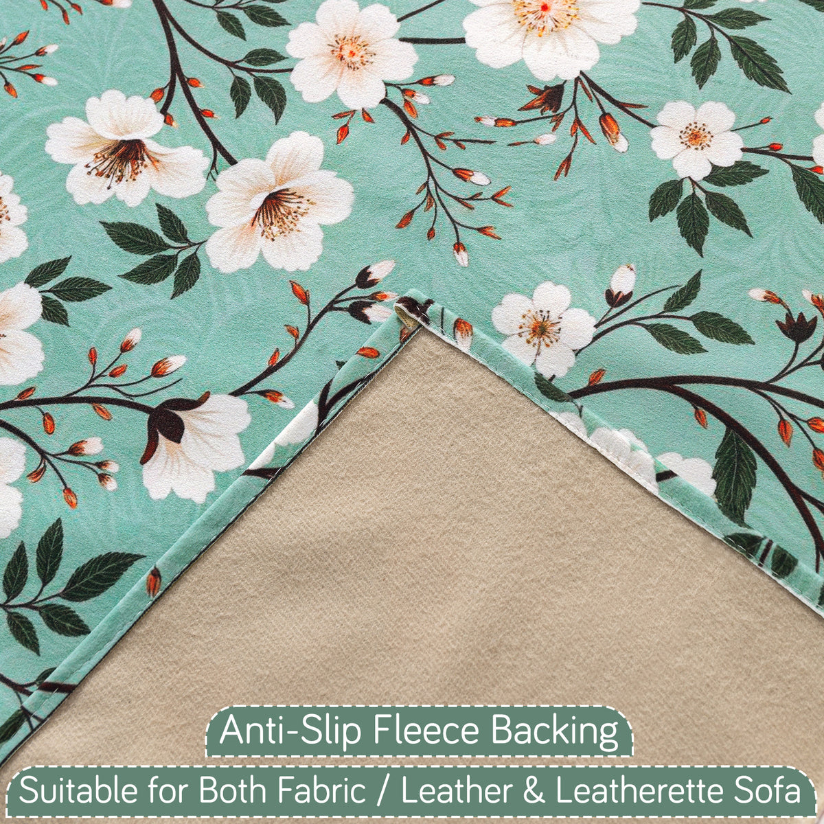 'Whispers of Nature' Series Holland Velvet Sofa Cover with Tassel, Sage Floral Vine