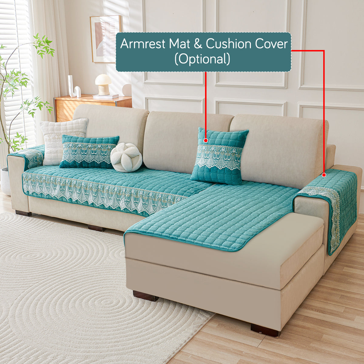 BelleLace Series Imperial Milk Velvet L Shape Sofa Mat with Lace Design - Teal