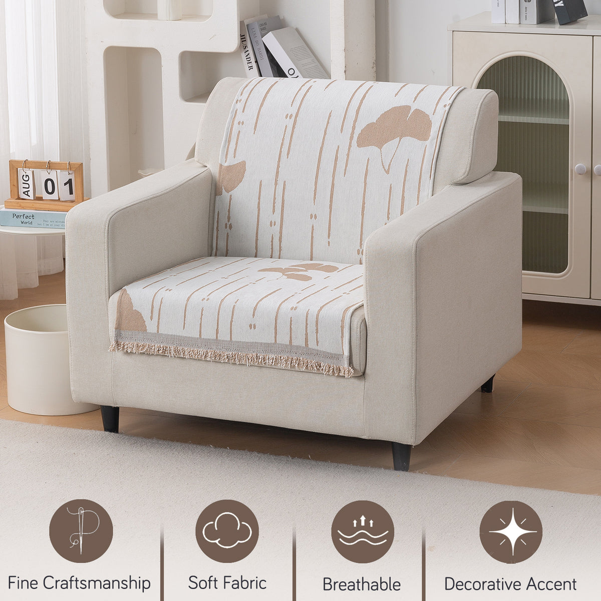 Premium 320 GSM Chenille Sofa Cover 'Serene Abode Series', Beige Ginkgo Lines