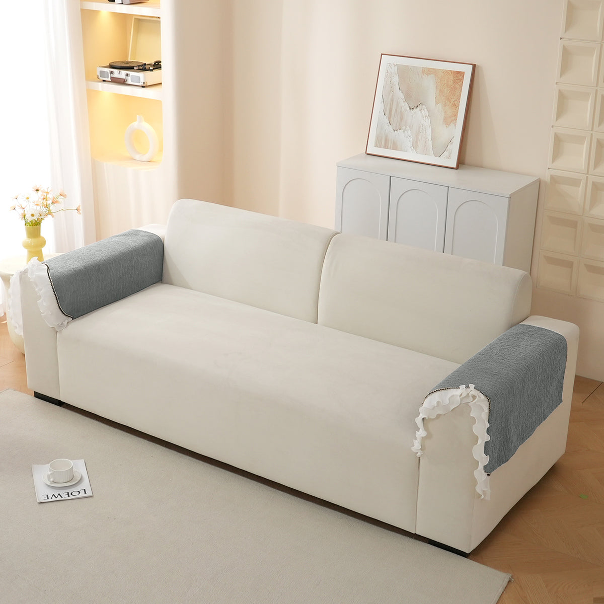 French Classic Frill Wavy Sofa Cover Mat, Moonstone Grey