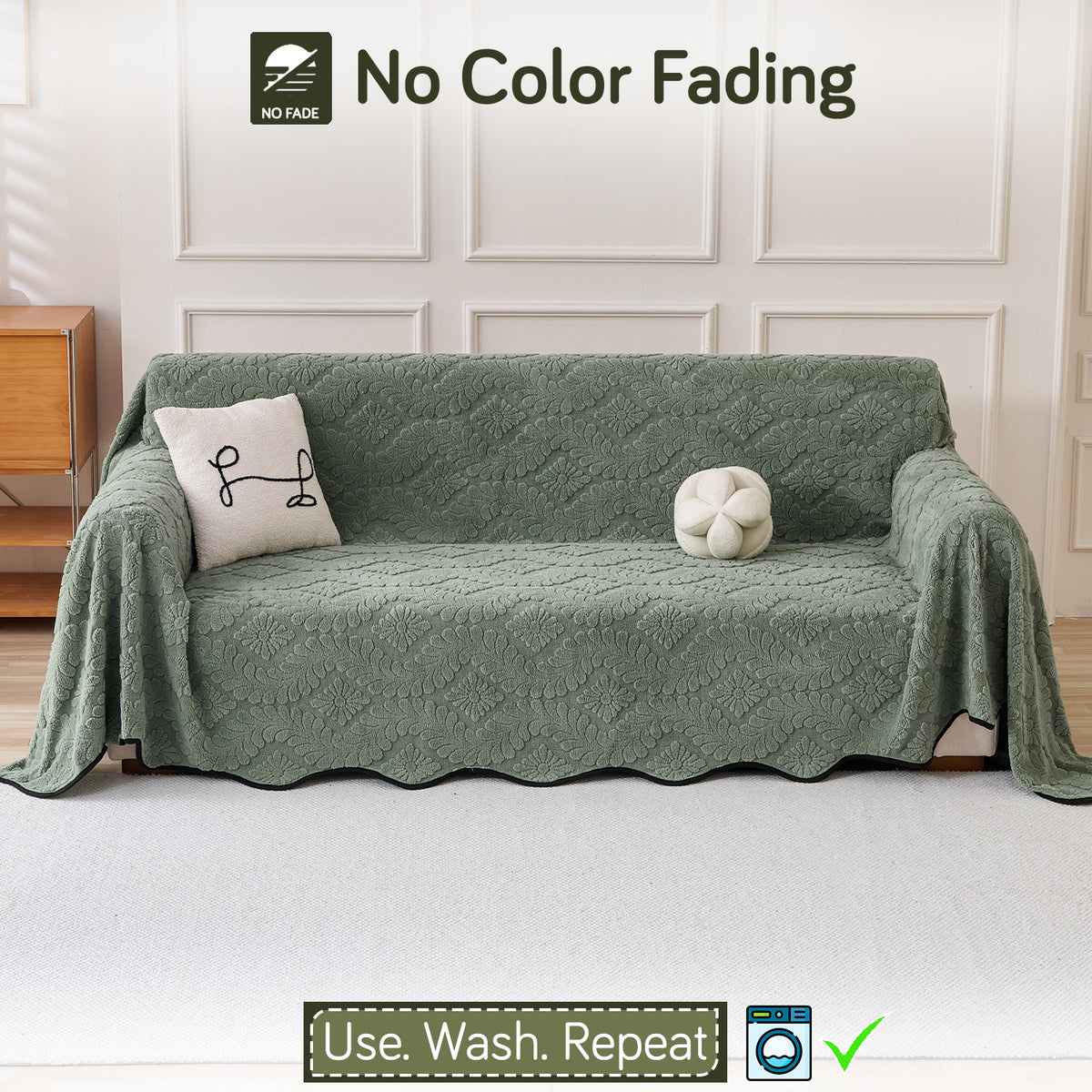 Buy Sage Green Colour Wavy Petal Crest Series Plush Sofa Throw – 3 Seater Sofas | HOKIPO
