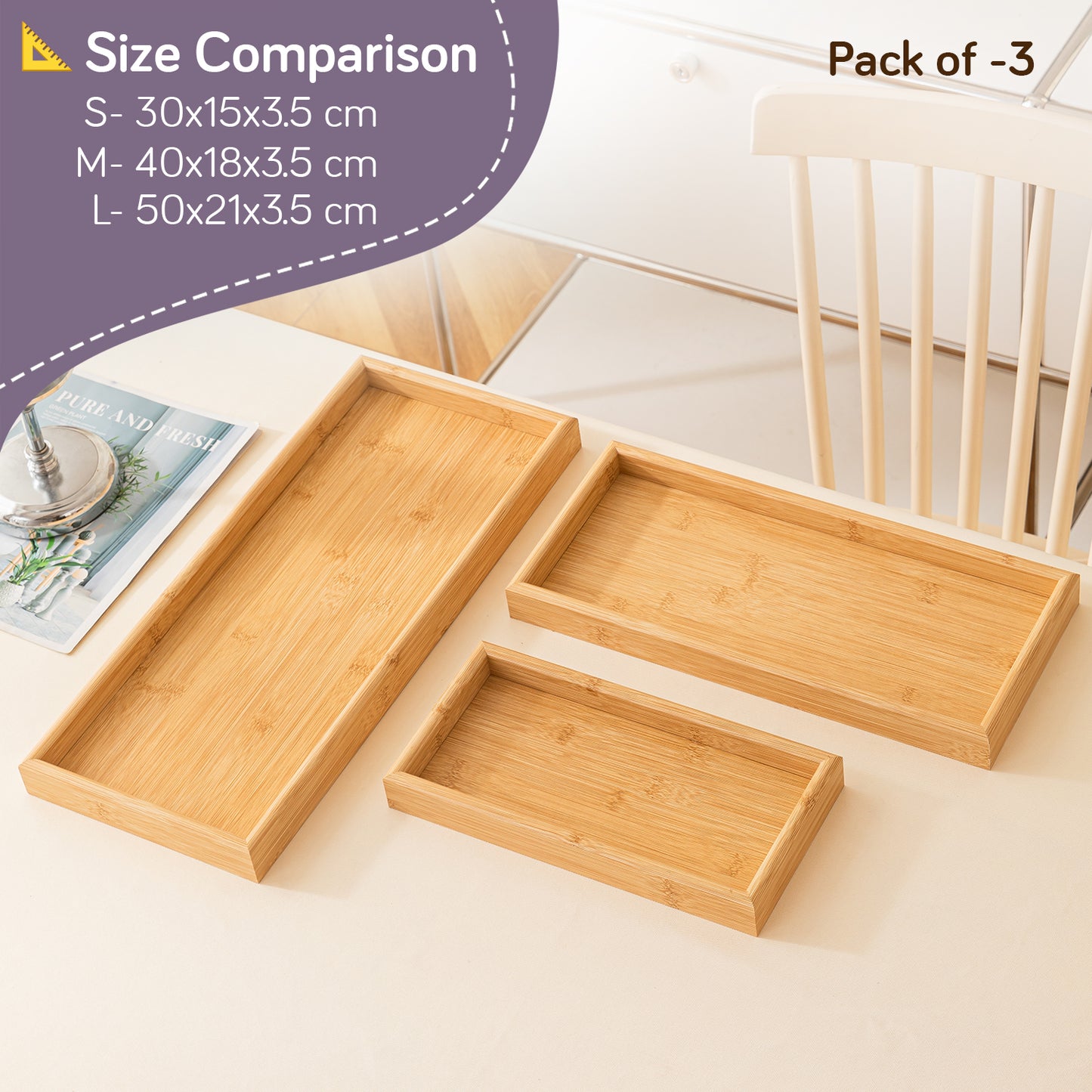 Wooden Serving Tray MDF Rectangular Eco-Friendly Trays Set of 3 – Small, Medium, Large