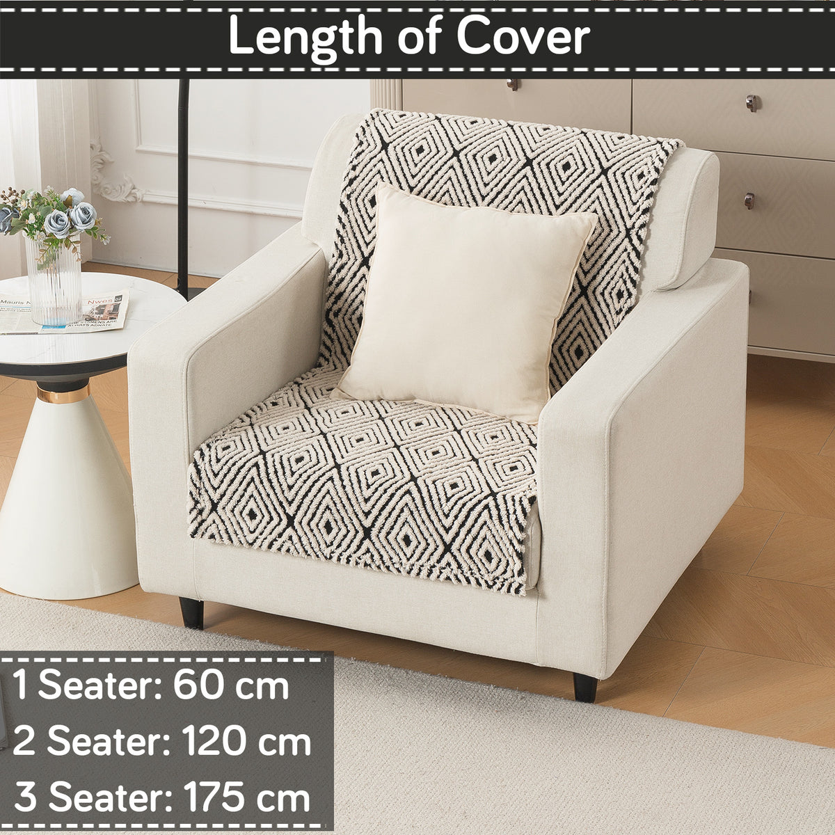 'Noirea Series' Plush Sofa Cover for Seat & Back, Geometric Diamond
