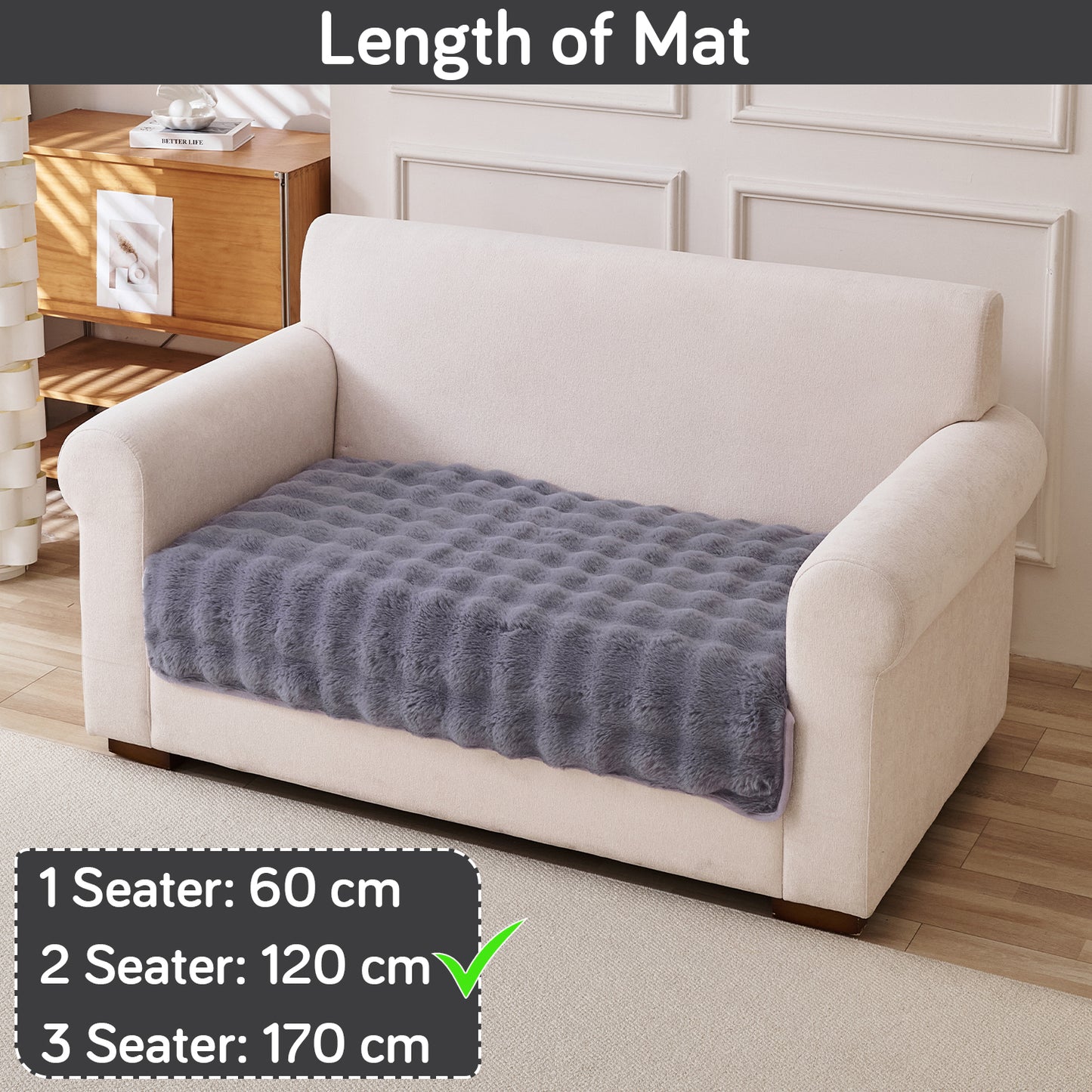 Premium Faux Rabbit Fur Anti Slip Sofa Mat for 1/2/3 Seater, Cool Grey