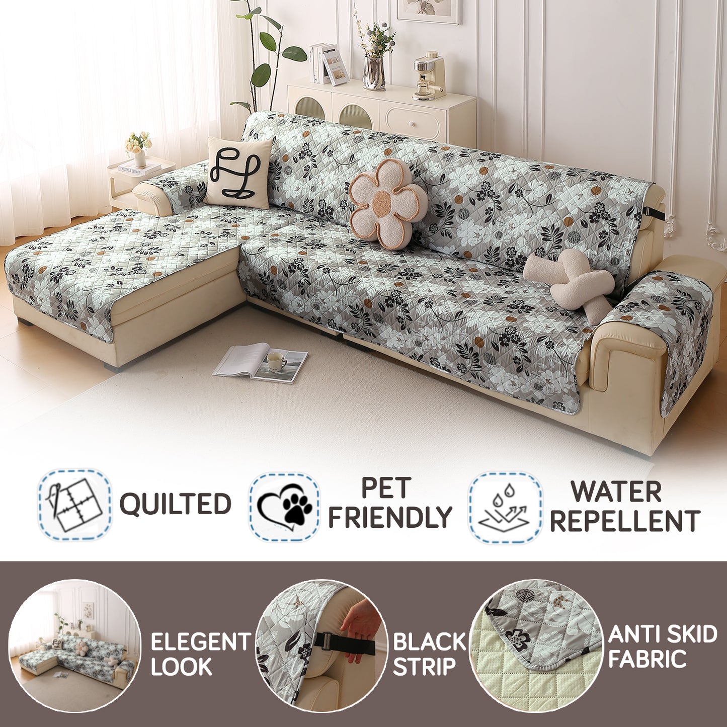 Elira Series Quilted One-Piece L Shape Sofa Cover Mat with Left and Right Chaise, Feather Brown Floral