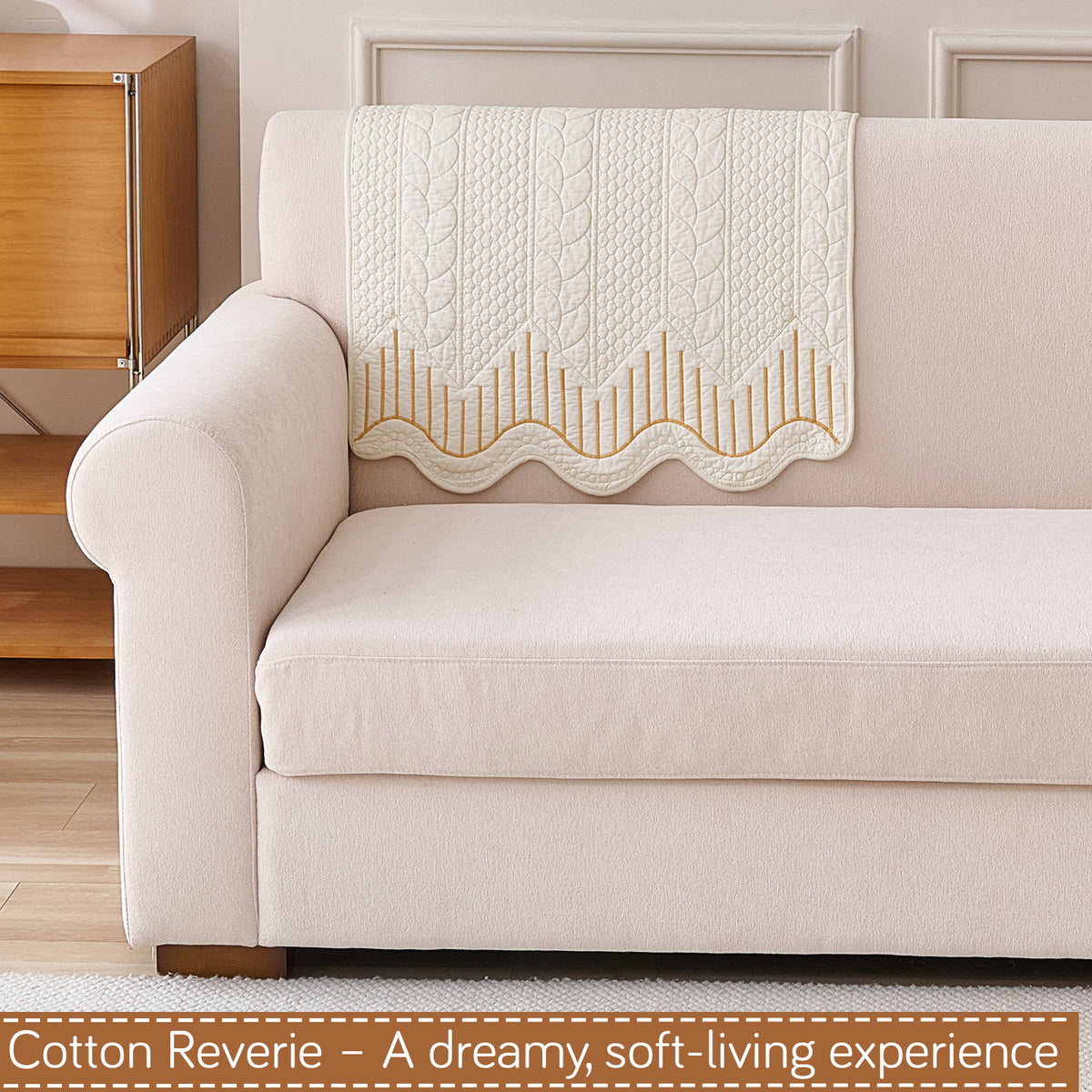 Cotton Reverie with a Curved Wavy Edge Sofa Mat, Golden Cream Bloom