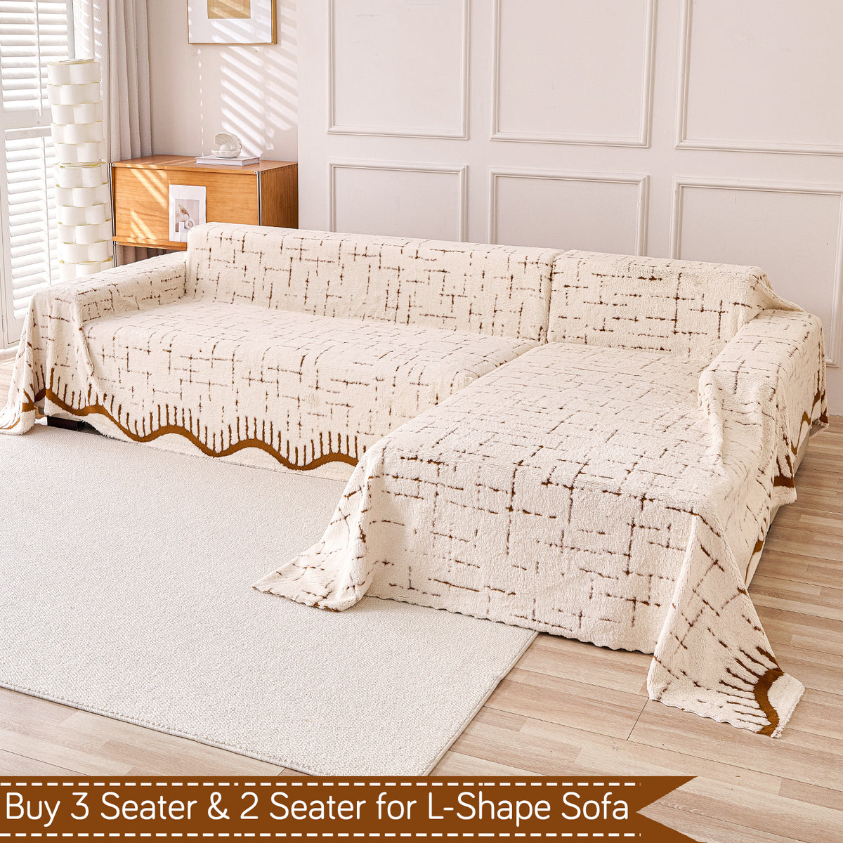 Buy Cream Brown Supple Soft Wavy Plush Sofa Throw for L-shape Sofas - 3 & 2 Seater Sofa Sets | HOKIPO