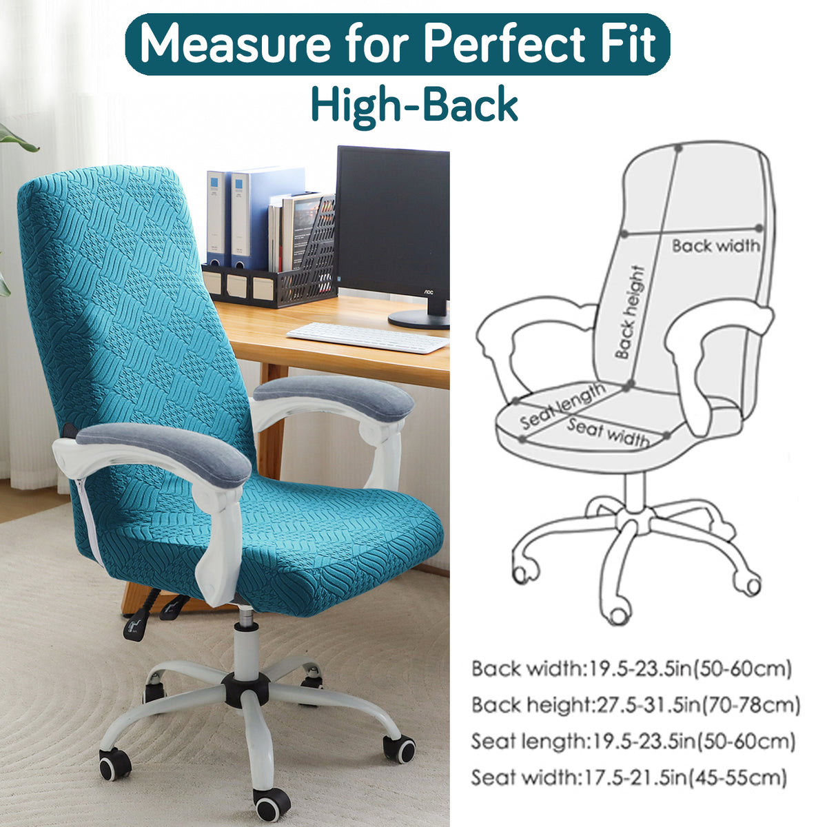 Office Chair Cover for Executive Chair (High-Back) – 170 GSM Stretchable Jacquard – Washable & Anti-Slip – Fits Big & Tall Office Chairs, Turquoise