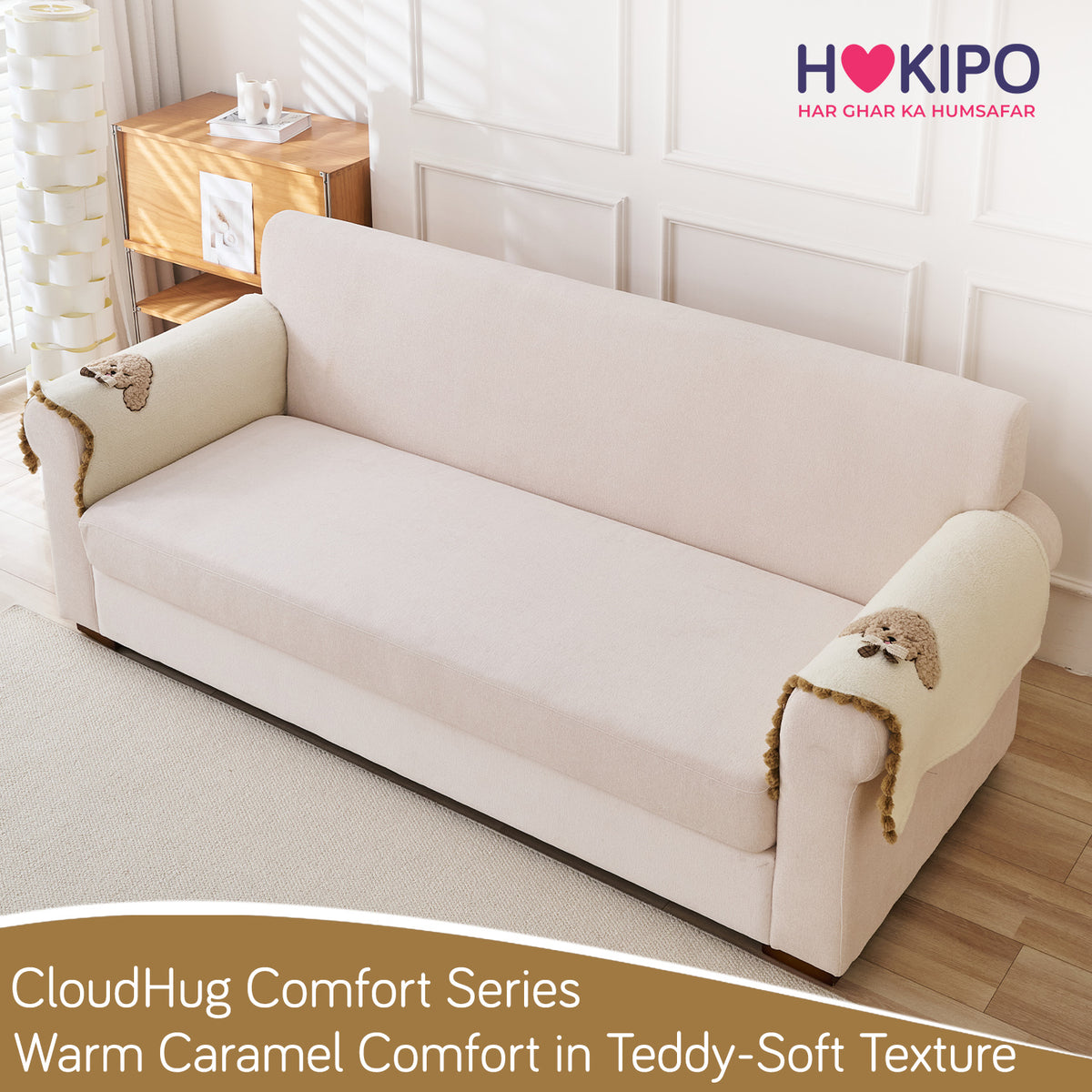 CloudHug Plush Sofa Cover Mat with PomPom and Wavy Edges, Ivory Cream